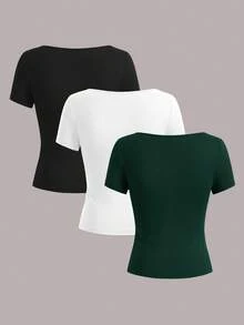 SHEIN EZwear 3 piezas Camisetas casuales de manga corta y corte ajustado para mujer, adecuadas para el verano
