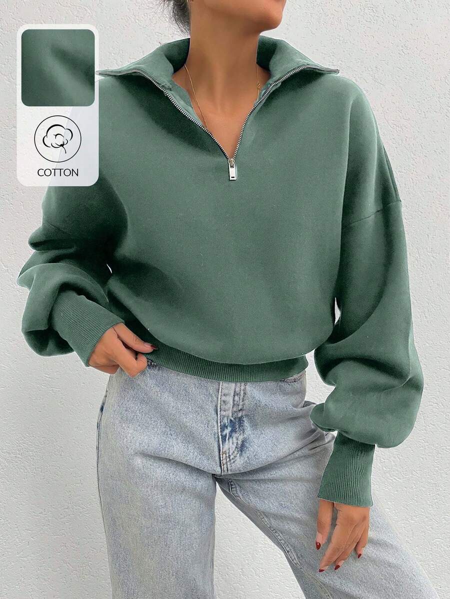EURMUSE 100% Cotton Collar With Zipper Pattern Oversize Sweatshirt - Mint Green - View 1