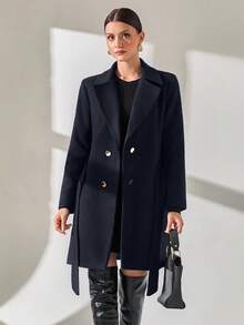 CLARA VERO Women Button And Belt Detailed Over Coat - Navy Blue - View 5
