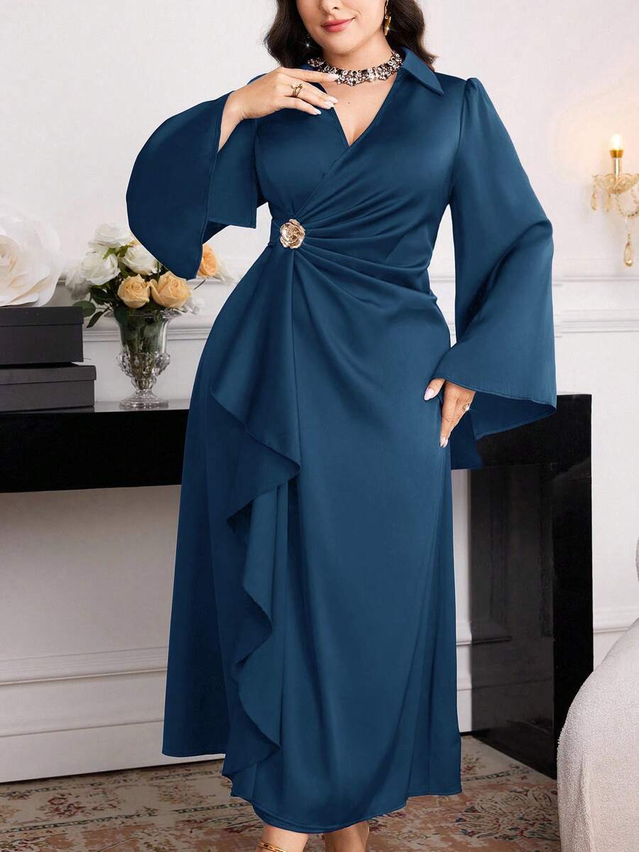 Modelyn Vestido elegante de talla grande con unicolor, mangas acampanadas, volantes en el bajo y ajustado a la cintura - Azul Marino - Ver 1