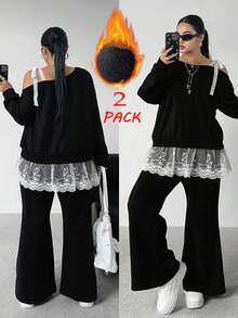 POPSWAY Sudadera negra de encaje con parches para otoño, invierno, primavera/otoño, otoño/invierno de talla grande para mujer, de manga larga, suelta y estilizante con hombro asimétrico. Conjunto casual coreano de dos piezas: pantalón largo suelto y sudadera con hombro inclinado. - Blanco y Negro - Ver 1