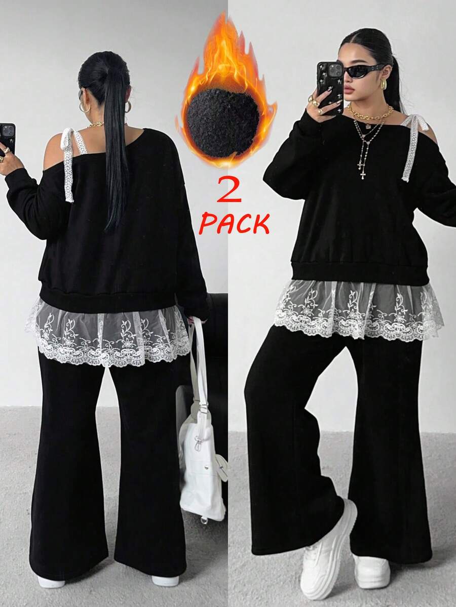 POPSWAY Sudadera negra de encaje con parches para otoño, invierno, primavera/otoño, otoño/invierno de talla grande para mujer, de manga larga, suelta y estilizante con hombro asimétrico. Conjunto casual coreano de dos piezas: pantalón largo suelto y sudadera con hombro inclinado. - Blanco y Negro - Ver 1