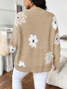EMERY ROSE Plus Size Floral Pattern Single-Breasted Drop Shoulder Cardigan, Casual For Autumn/Winter - Khaki - View 2