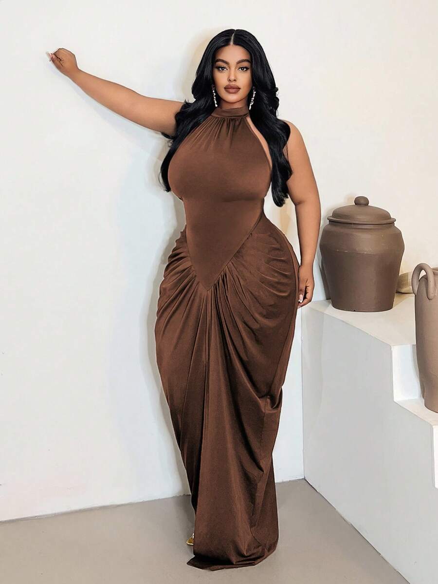 Maweii Vestido ajustado sin mangas con cintura fruncida de talla grande - Café integral - Ver 1