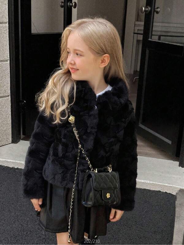 SHEIN Young Girl' Ivory Faux Fur Collar Long Sleeve Jacket, Fashionable, Warm, Versatile, Comfortable Winter Short Coat