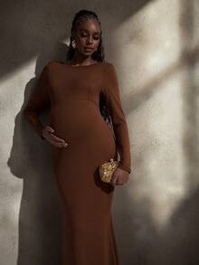 Cheriluna Maternity Solid Color Backless Pearl Decor Maxi Mermaid Hem Long Sleeve Tight Maternity Photoshoot Dress