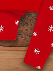 SHEIN Happikins 2pcs/Set Young Girl Casual "Merry Christmas" Cute Cartoon Reindeer & Snowflake Print Red Festive Crew Neck Long Sleeve Sweatshirt And Leggings, Suitable For Autumn/Winter - Multicolor - View 6