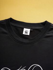 TOM & JERRY X SHEIN 男士休闲日常通勤卡通字母印花落肩宽松黑色套头衫，春秋季长袖上衣 - 黑色 - 查看 3