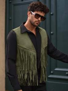 Manfinity NXTstreet Áo khoác tua rua trang trí đinh tán bằng da lộn cho nam - xanh quân đội - Xem 7