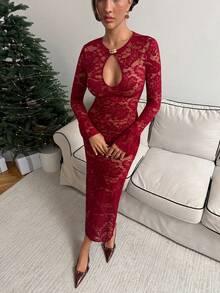 Aloruh 女装秋冬新款纯色酒红色连衣裙，船领金属纽扣装饰长袖连衣裙，喇叭袖设计蕾丝连衣裙，派对连衣裙，圣诞连衣裙 - 酒紅色 - 查看 5