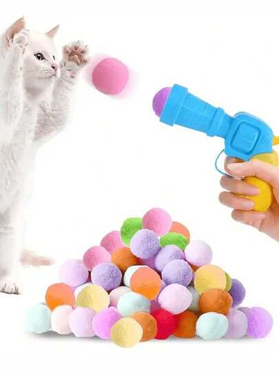 猫咪发射器玩具套装，含20/50/100个柔软毛绒球——互动乐趣——锻炼身体，增进感情——室内玩耍的理想之选（球的数量需另购，请仔细阅读选项！）