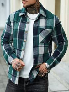 Manfinity Homme Men's Casual Regular Shoulder Front Button Plaid Long Sleeve Shacket Flannels For Men Checkered Shirt Shacket, For Winter - Green - View 4