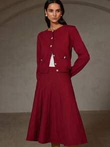 GENKIRA 2pcs Set: Solid Color Crew Neck Faux Pocket Cardigan & Pleated Maxi Skirt Sweater - Red - View 5
