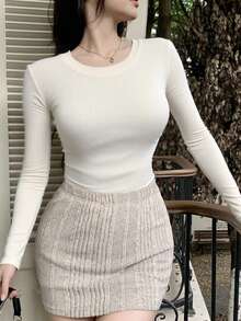 FRIFUL Women's Casual Solid Color Fitted T-Shirt, Autumn - Beige - View 3