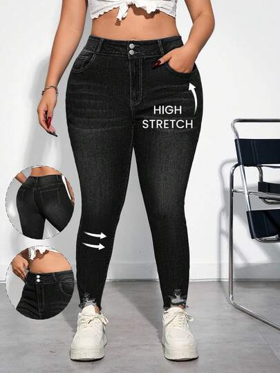 Firerie Plus Size Blue Distressed Skinny Stretch Denim Capri Pants