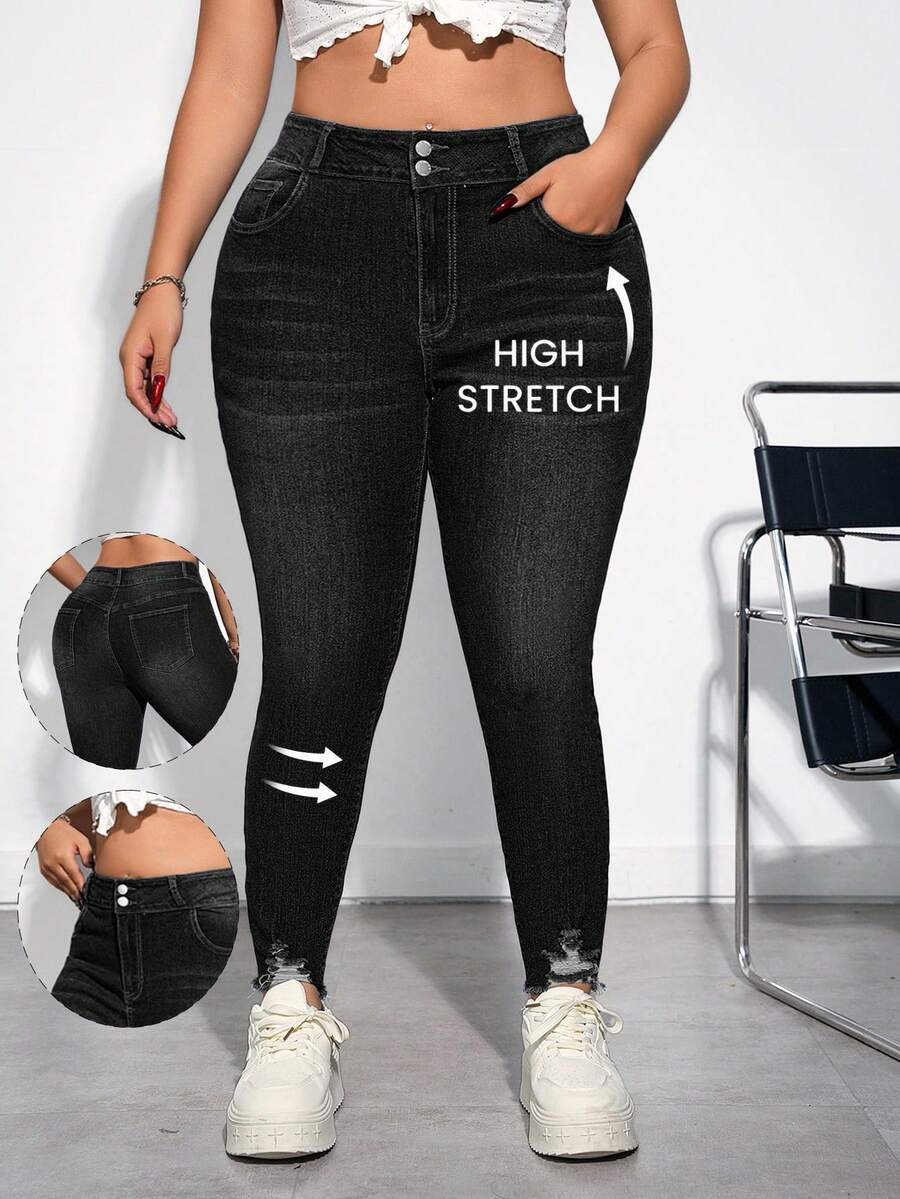 Firerie Plus Size Blue Distressed Skinny Stretch Denim Capri Pants - Black - View 1