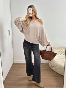 SHEIN LUNE Women's Light Beige Autumn Casual Everyday Loose Fit Brushed Oblique Shoulder Long Sleeve T-Shirt,Off The Shoulder Sweater Top Blouses - Khaki - View 3