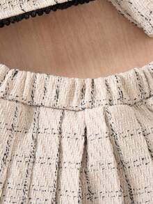 SHEIN 2 件套女婴秋冬时尚服装，韩式开衫夹克，带丝带口袋装饰和百褶裙，优雅公主裙，适合派对、生日 - 杏色 - 查看 3