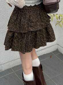 FRIFUL 女式豹纹双层牛仔迷你裙 - 棕色 - 查看 3