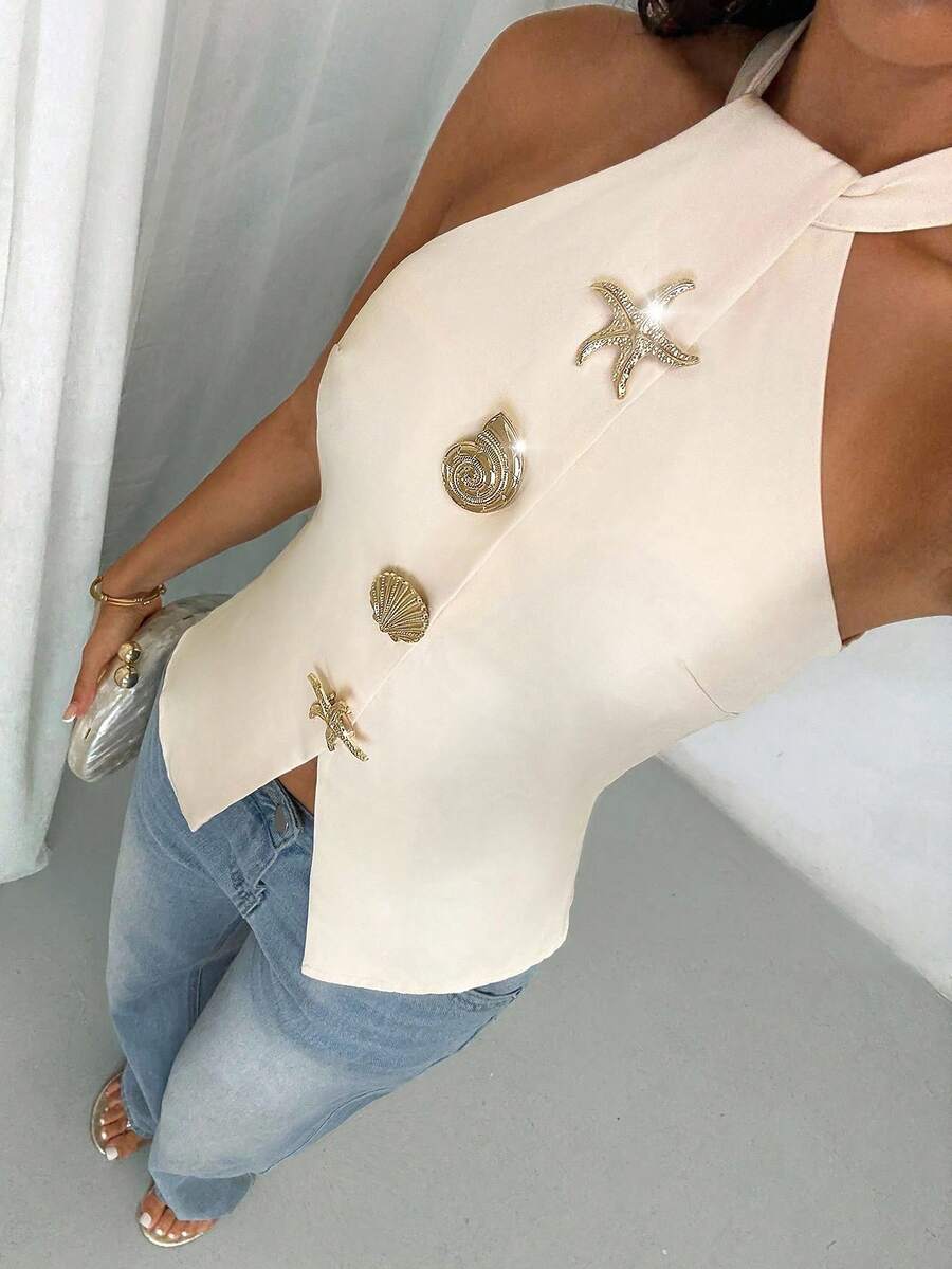 Glamine 休闲优雅无袖露背杏色编织无弹性金属扣女式衬衫秋季女装返校