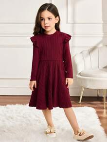 Young Girl Elegant Textured Knit Stand Collar Ruffle Trim Cap Sleeve Patchwork Flare Hem Waist Cinched Long Sleeve Dress, Wine Red, Suitable For Christmas, Halloween, Daily, Home, Outing, Party - Burgundy - View 7