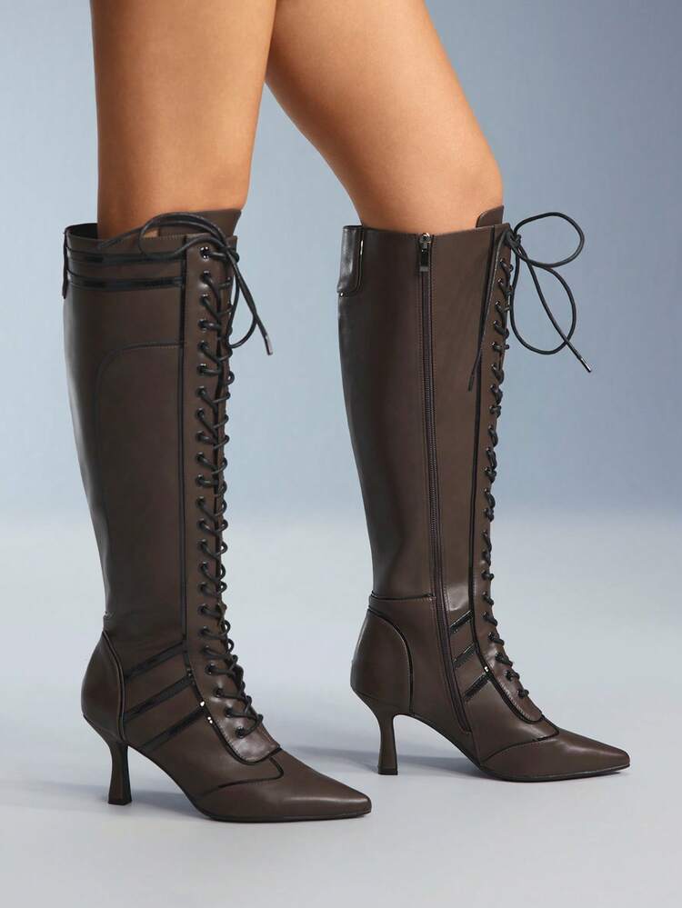 CUCCOO GRLICON Women's Pointed Toe Lace-Up Black & White Color Block Knee-High Boots, Fashion For Christmas, New Year Party, Date Night, Spring Casual, Halloween, Racing Style