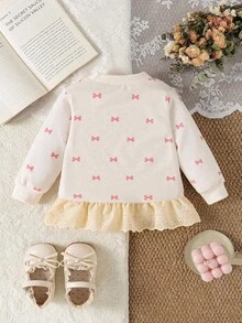 SHEIN 女婴休闲时尚蝴蝶结圆点印花撞色雪纺荷叶边下摆运动衫，秋季/春季 - 杏色 - 查看 6