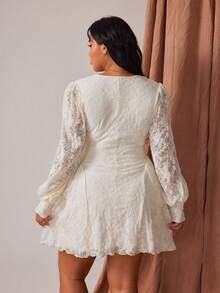 Rustia Women's Low V-Neck Lace French Elegant Vacation Long Sleeve Dress, Autumn/Winter - Apricot - View 5