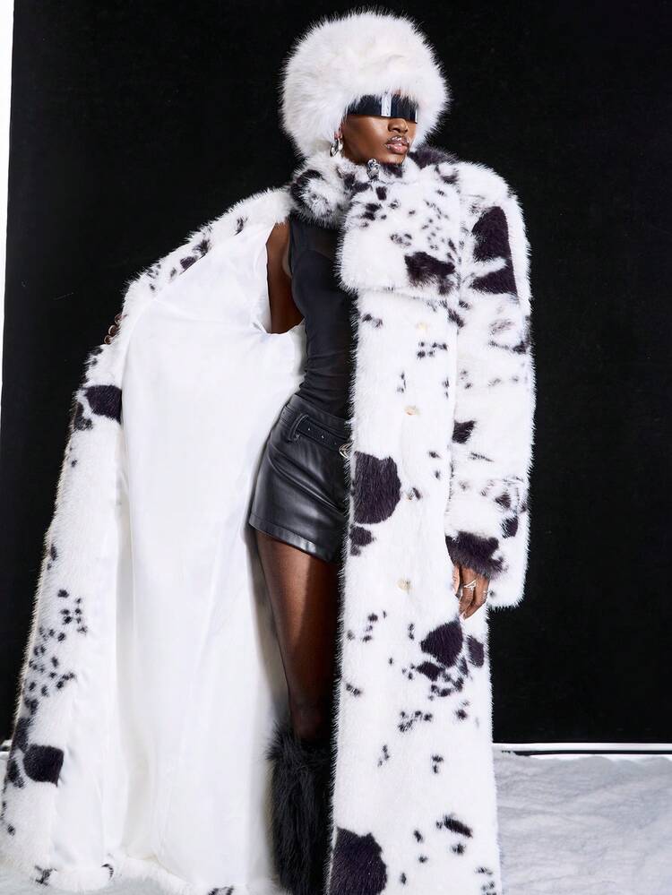 LYSMO 女式撞色长袖长款人造毛皮保暖大衣 - 黑與白 - 查看 8