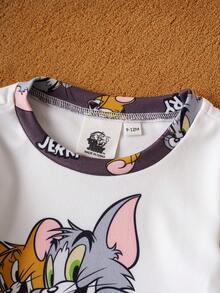 TOM & JERRY X SHEIN 2pcs Baby Boy Cartoon Graphic Crew Neck Long Sleeve Top And Pants Knit Casual Snug Fit Pajama Set