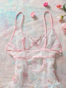 FloralLove 花卉刺绣拼布透明系带设计性感女式睡袍 - 白色 - 查看 5