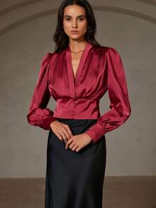 Aveloria Rosie Europäischer & amerikanischer Stil einfarbiges Satin V-Ausschnitt Hemd mit übertriebenen Ärmeln, Herbst/Winter - Rot - Übersicht 5