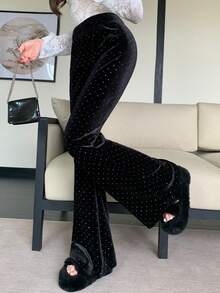 DAZY Women's Flared Pants With Velvet, Sequins, Polka Dots And Rhinestones, Slim Fit, Casual, Suitable For Autumn, Winter, New Year, Christmas - Black - View 6