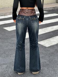 Rivivi Women's Retro Nostalgic Maillard Style Patchwork PU Leather Embroidered Straight-Leg Jeans - Dark Wash - View 7