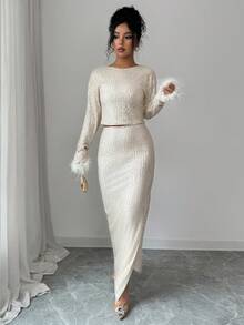 SHEIN Raffinéa 2pcs Christmas Sequin Set, Cropped Top With Keyhole Back Neckline And Side Slit Skirt, Autumn/Winter