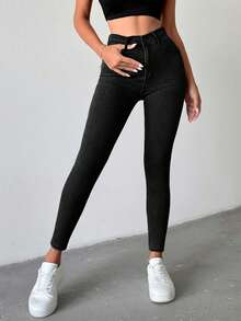 SHEIN Tall Quần jean cạp cao ôm sát, chất liệu co giãn, kiểu dáng thường ngày, cài nút và khóa kéo phía trước, màu đen. - màu đen - Xem 6
