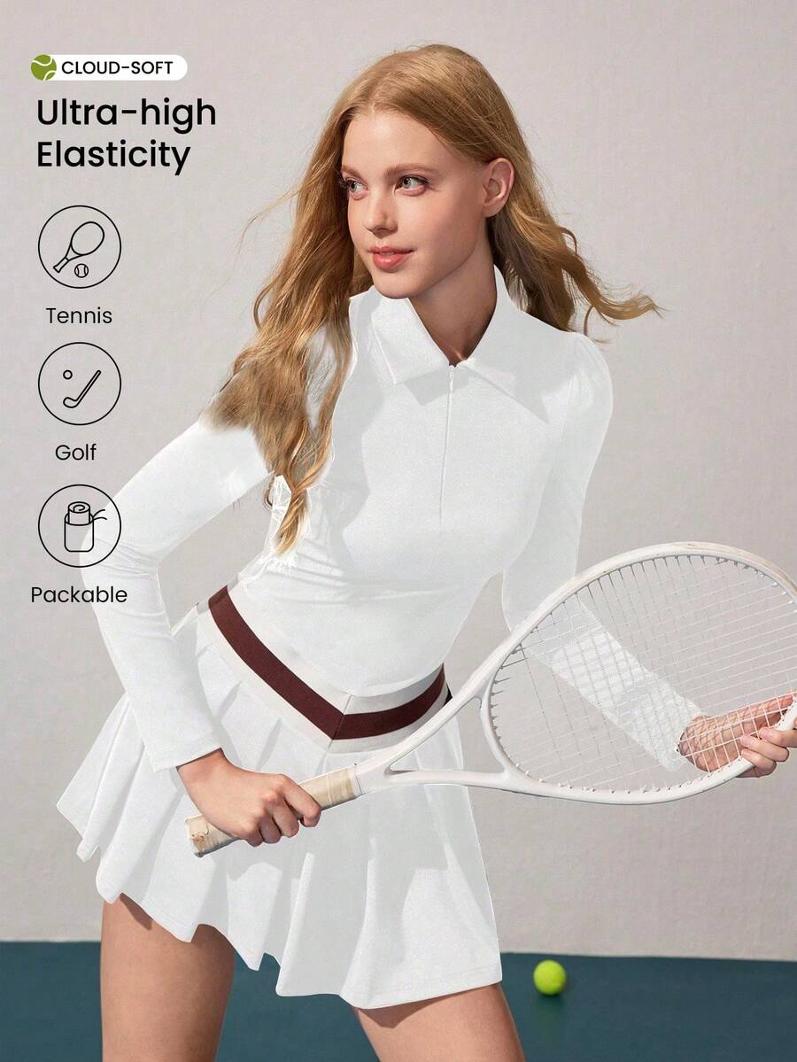 CourtClass 女式时尚休闲撞色褶边运动连衣裙白色网球裙奢华白色白色网球裙长袖网球裙女式网球服女式网球服 - 白色 - 查看 1