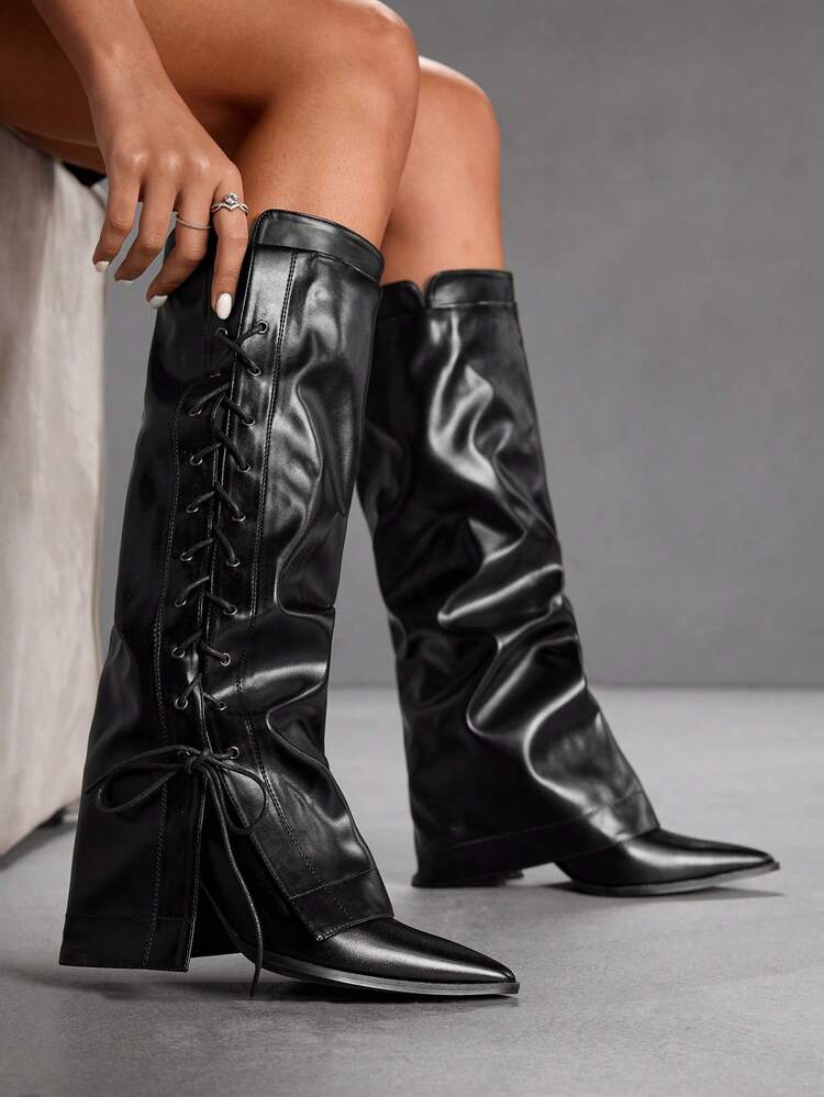 CUCCOO SZL Cuccoo Pointed Toe Thigh High Chunky Heel Tall Boots, Sexy Riding Boots For Women