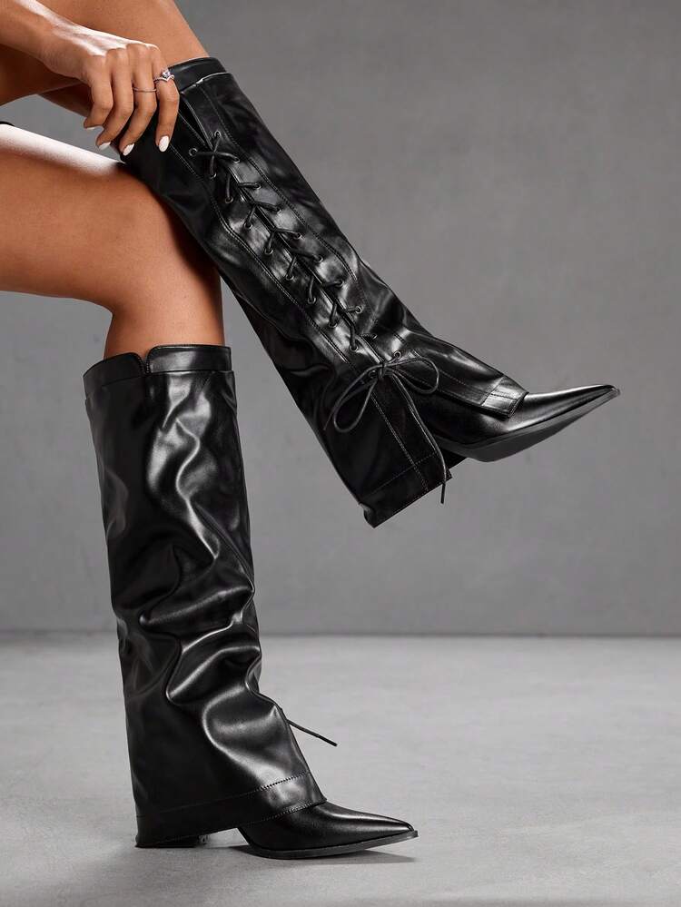CUCCOO SZL Cuccoo Pointed Toe Thigh High Chunky Heel Tall Boots, Sexy Riding Boots For Women