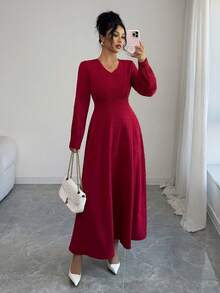 Rafferiza Raffinéa Elegant Long Sleeve Dress,French Lace Sophisticated Embroidery,High-End Aristocratic Style,Dark Red,Autumn,Elegant,Dining,Christmas Holidays - Burgundy - View 5
