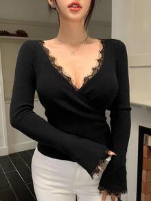 DAZY Women's V-Neck Lace Patchwork Slim Fit Long Sleeve Casual Sexy Sweater Fall - Black - View 2