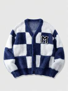 ROMWE MEN Prep Men's Casual Plaid Button Fuzzy Knit Cardigan, Winter - Blue and White - View 3