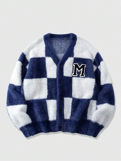 Men's Casual Plaid Button Fuzzy Knit Cardigan