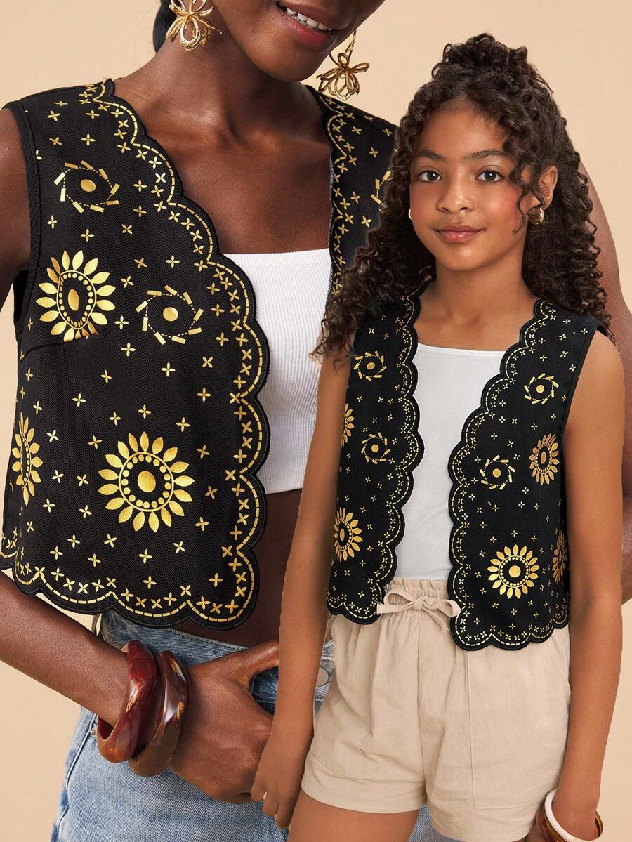 Travachic KIDS Tween Girl Floral Print Casual Vest, Black Autumn Winter Clothes ForGirln - Black - View 1