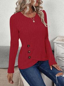 EMERY ROSE 女士纯色圆领常规肩部长袖修身罗纹休闲T恤 - 紅色 - 查看 5