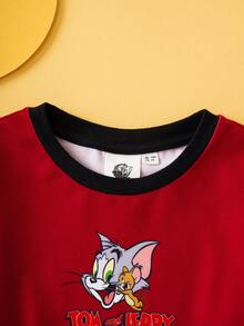 TOM & JERRY X SHEIN 小男孩卡通图案撞色装饰圆领宽松长袖T恤，酒红色，秋冬 - 酒紅色 - 查看 3