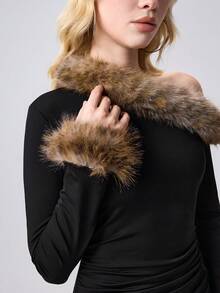 ROMWE Grunge Punk Đầm ôm sát cổ lông chéo vai thời trang nữ - màu đen - Xem 6