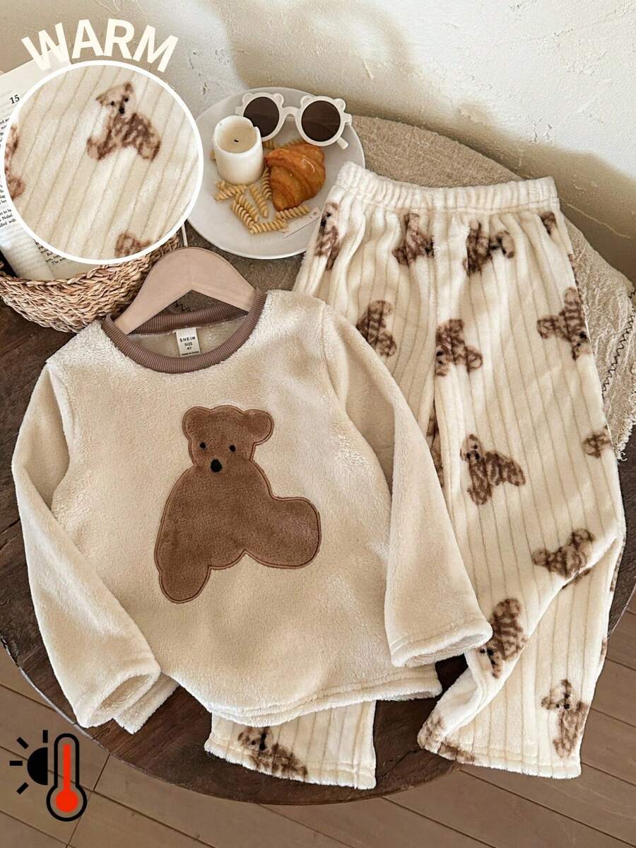 LMoss Kids LMoss Young Boy 2pcs Cute Bear Pattern Ribbed Crew Neck Long Sleeve Top And Soft Fleece Pants Pajama Set, Autumn/Winter, Boy Two Pieces Set, Bear Pajamas, Brown Pajama Set, Brown Pj Set, Cozy Fall & Winter Styles, Winter