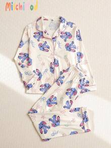 女孩柔软舒适休闲睡衣套装，可爱卡通长耳兔全身印花，时尚翻领开衫长袖和裤子两件套家居服 - 杏色 - 查看 1