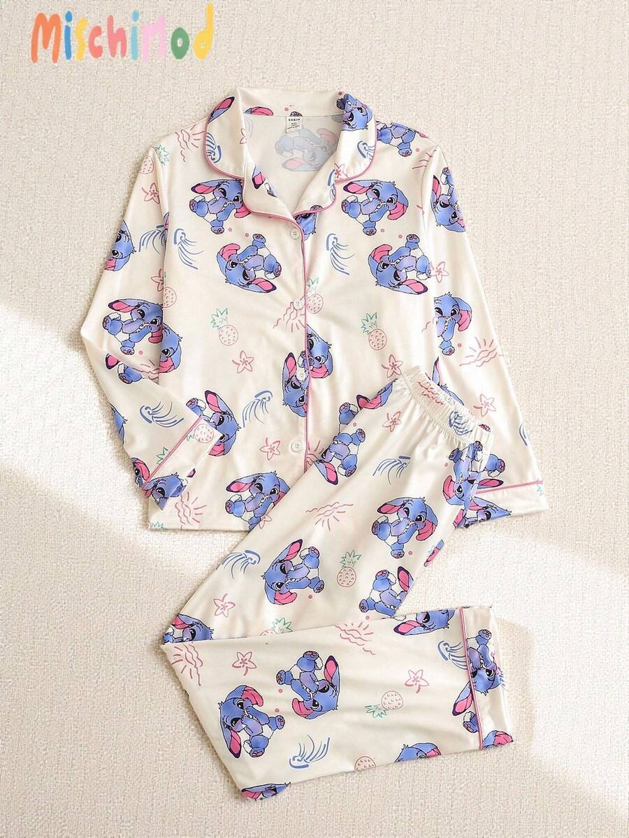 女孩柔软舒适休闲睡衣套装，可爱卡通长耳兔全身印花，时尚翻领开衫长袖和裤子两件套家居服 - 杏色 - 查看 1